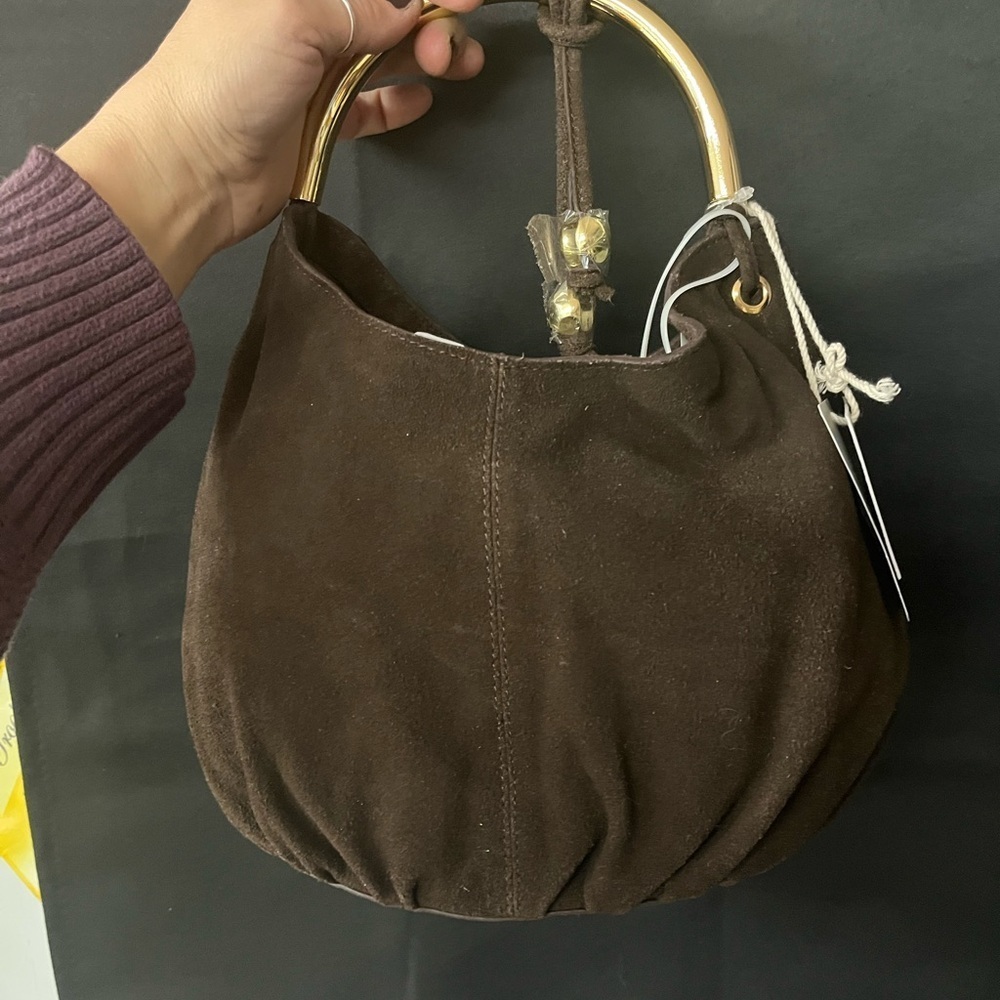 NWT Haute Hippie Dark Brown Suede Shoulder Bag with Gold Handle - Picture 13 of 13